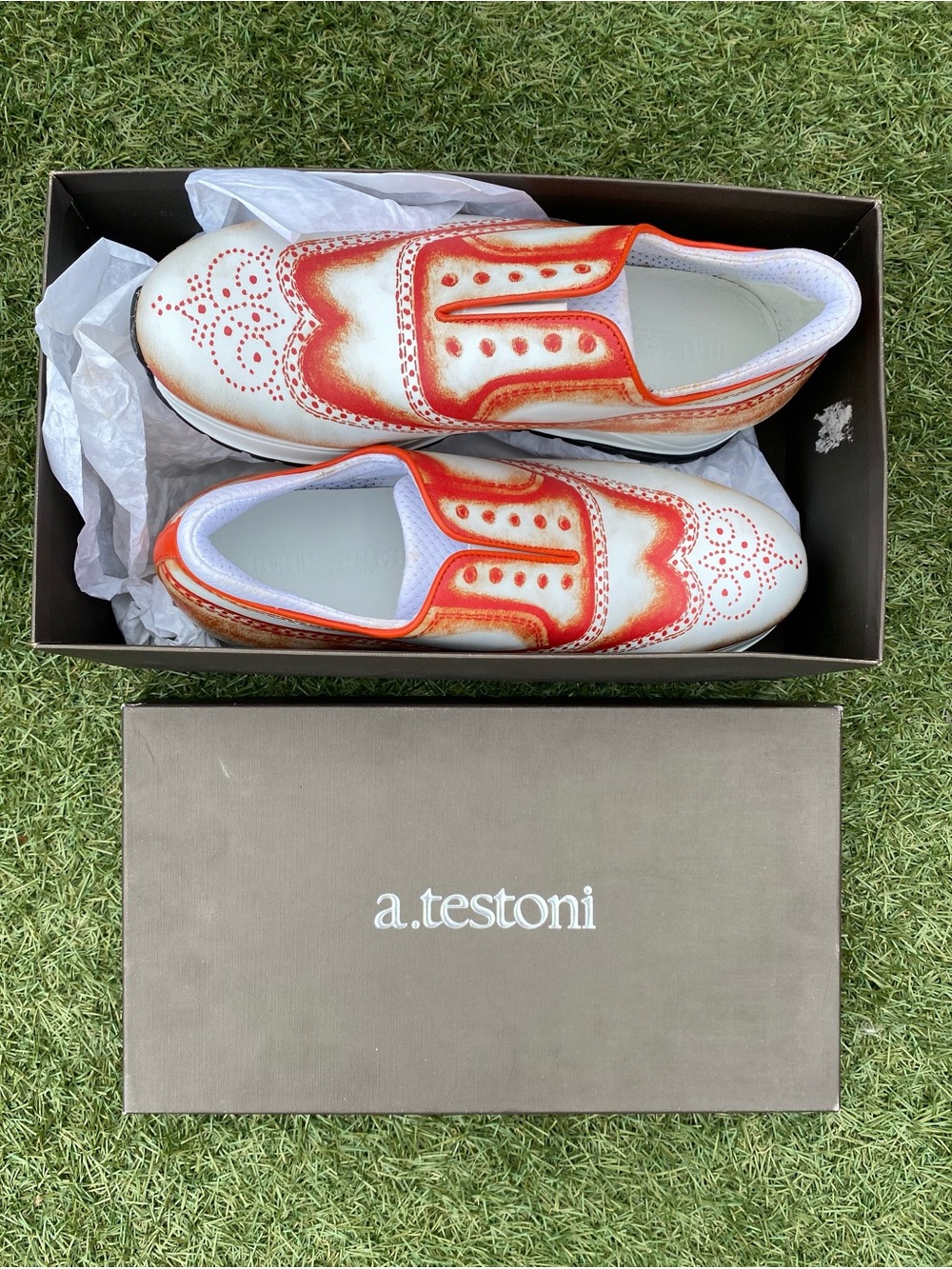 NWB a. testoni White and Orange Slip-On Brogue Sneakers